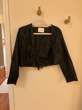 Black Cropped Fringe Leather Jacket for Women